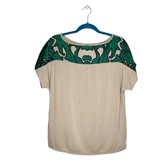 Alfani Damask Print Green & Beige Boxy Fit Short Sleeve Blouse - Picture 11 of 13